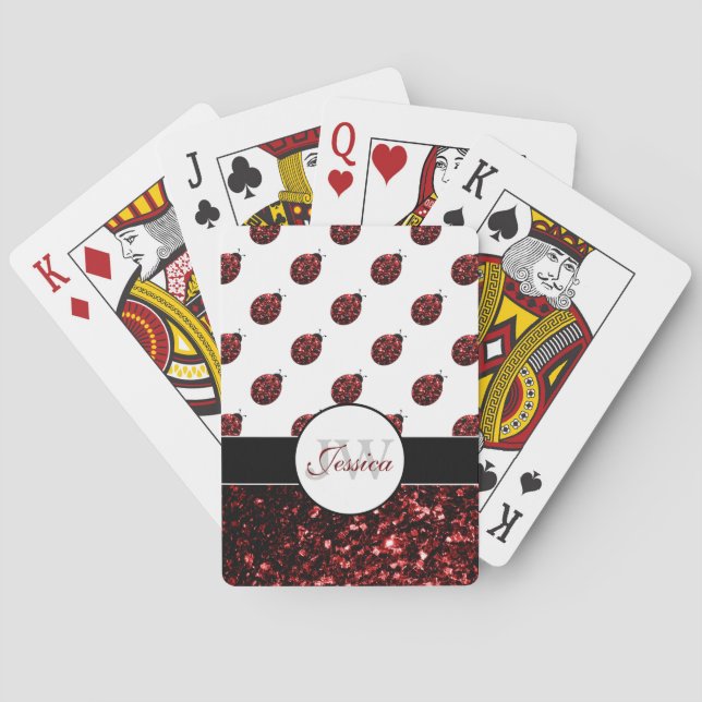 Dark red ladybug faux glitter sparkles Monogram Poker Cards (Back)