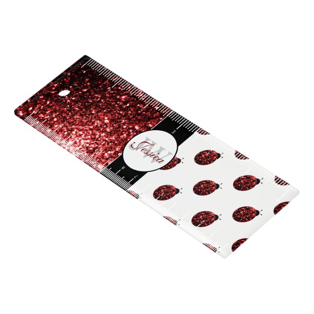 Dark red ladybug faux glitter sparkles Monogram Ruler (Angled)