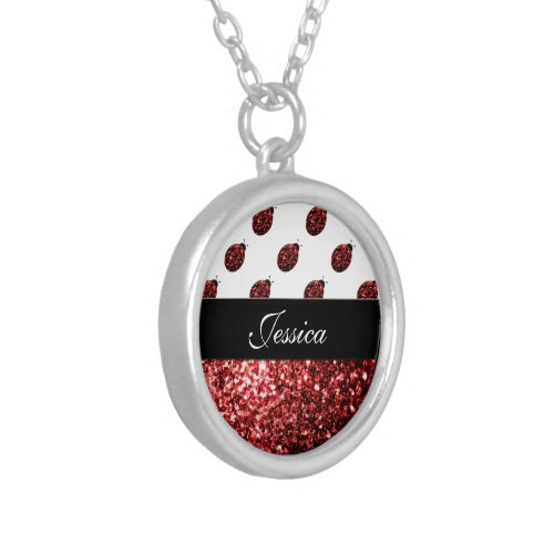 Dark red ladybug faux glitter sparkles Monogram Silver Plated Necklace
