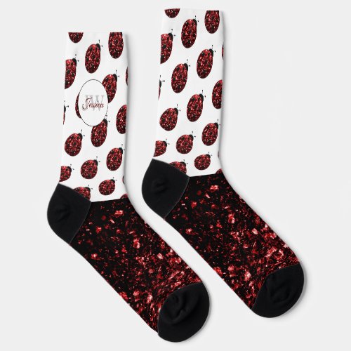 Dark red ladybug faux glitter sparkles Monogram Socks