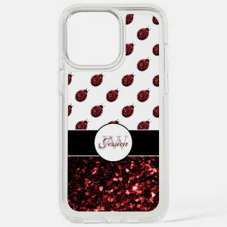 Dark red ladybug faux glitter sparkles Monogram iPhone 15 Pro Max Case