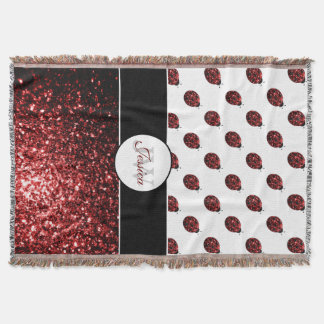 Dark red ladybug faux glitter sparkles Monogram Throw Blanket