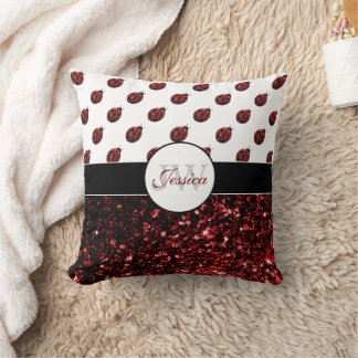 Dark red ladybug faux glitter sparkles Monogram Throw Pillow
