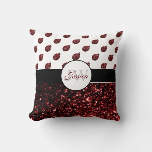Dark red ladybug faux glitter sparkles Monogram Throw Pillow