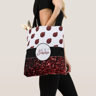 Dark red ladybug faux glitter sparkles Monogram Tote Bag