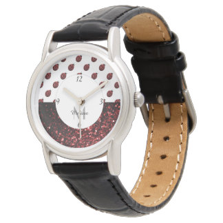 Dark red ladybug faux glitter sparkles Monogram Watch