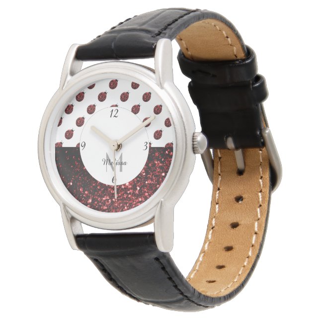 Dark red ladybug faux glitter sparkles Monogram Watch (Angled)