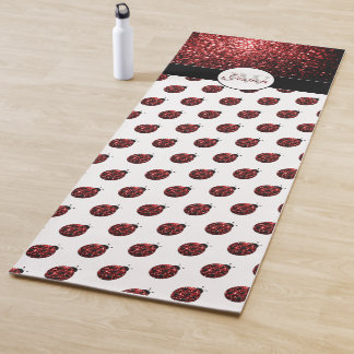 Dark red ladybug faux glitter sparkles Monogram Yoga Mat