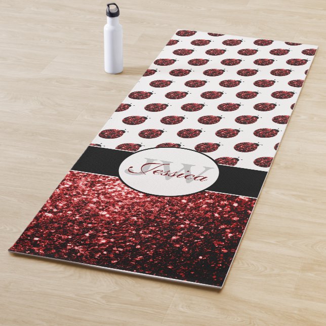 Dark red ladybug faux glitter sparkles Monogram Yoga Mat (In Situ)