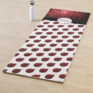 Dark red ladybug faux glitter sparkles Monogram Yoga Mat