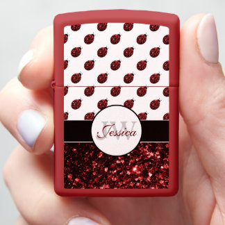 Dark red ladybug faux glitter sparkles Monogram Zippo Lighter