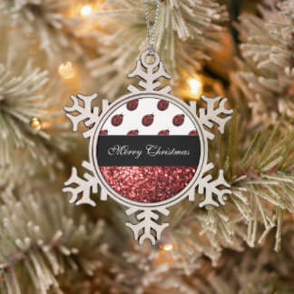 Dark red ladybug faux glitter sparkles Personalize Snowflake Pewter Christmas Ornament
