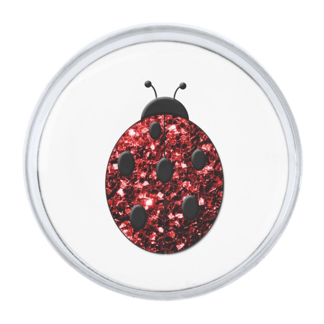 Dark red ladybug faux glitter sparkles silver finish lapel pin (Front)