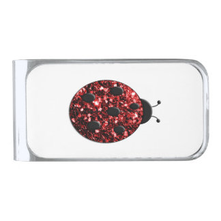 Dark red ladybug faux glitter sparkles silver finish money clip