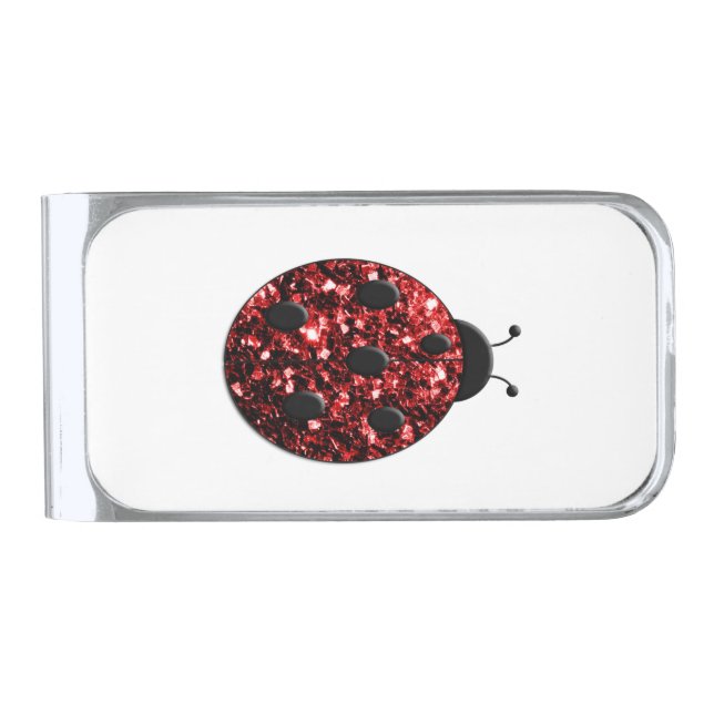 Dark red ladybug faux glitter sparkles silver finish money clip (Front)