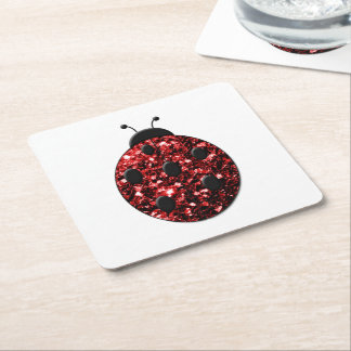 Dark red ladybug faux glitter sparkles square paper coaster