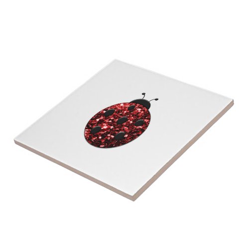 Dark red ladybug faux glitter sparkles tile