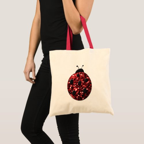Dark red ladybug faux glitter sparkles tote bag