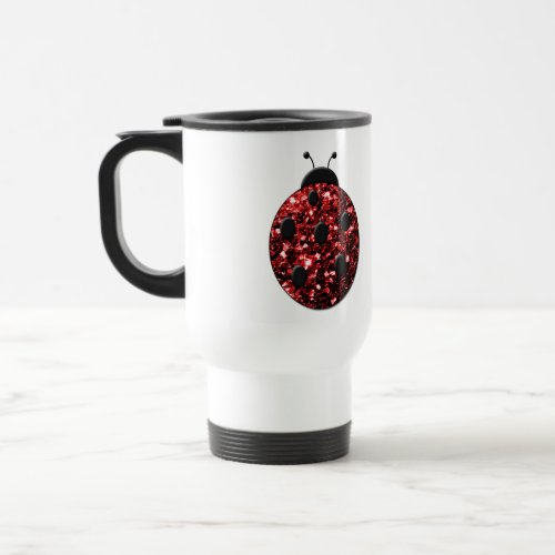 Dark red ladybug faux glitter sparkles travel mug