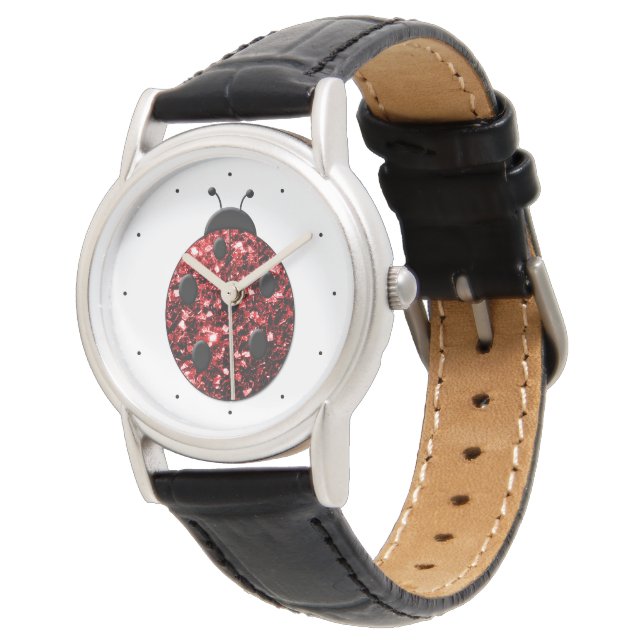 Dark red ladybug faux glitter sparkles watch (Angled)