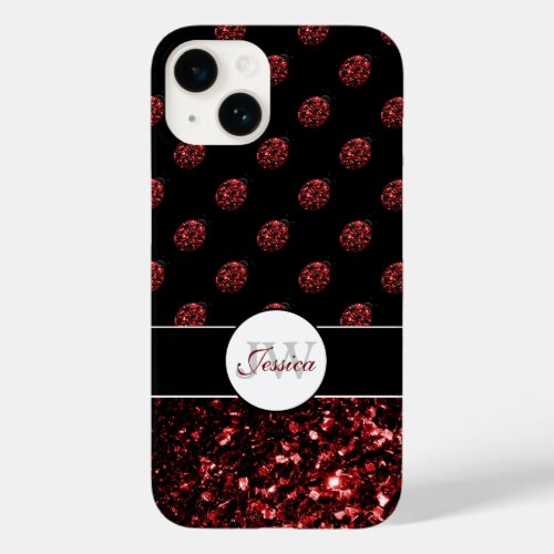 Dark red ladybug glitter sparkles black Monogram Case_Mate iPhone 14 Case