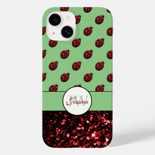 Dark red ladybug glitter sparkles green Monogram Case_Mate iPhone 14 Case