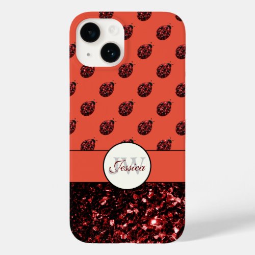 Dark red ladybug glitter sparkles orange Monogram Case_Mate iPhone 14 Case