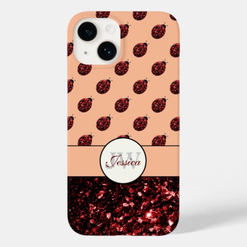 Dark red ladybug glitter sparkles peach Monogram Case_Mate iPhone 14 Case