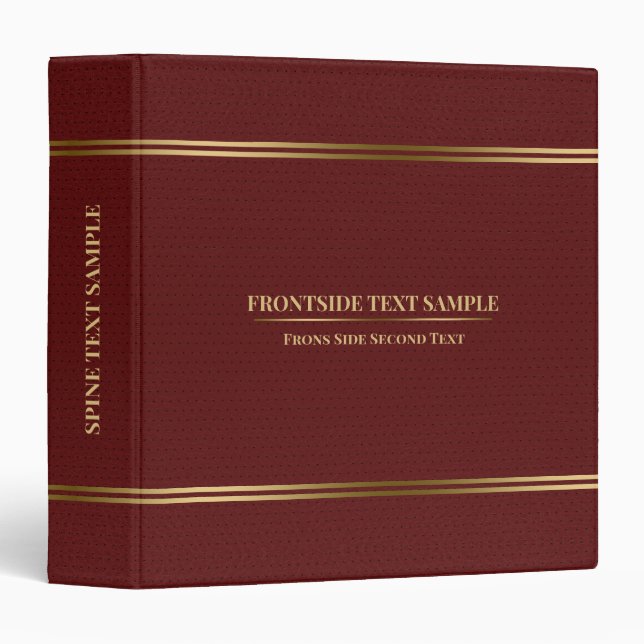Dark-Red Leather Texture Gold Tones Stripes 3 Ring Binder (Front/Spine)