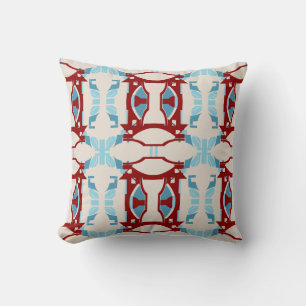 Dark Red Light Blue on Beige Large Tiles Throw Pillow