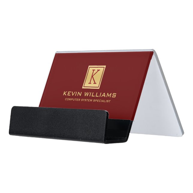 Dark Red & Light Gold geometric Accent Desk Business Card Holder (Angled Front)
