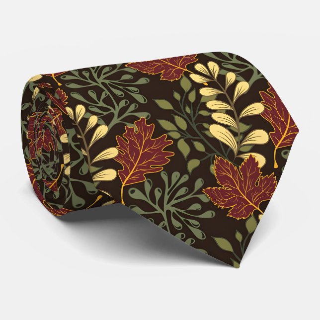 Dark red maple leaves floral pattern neck tie (Rolled)