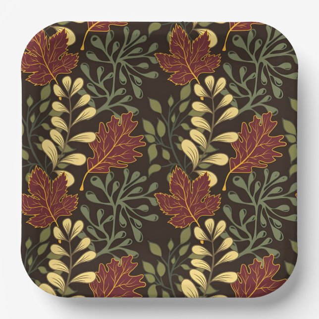 Dark red maple leaves floral pattern paper plates (Front)