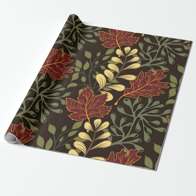 Dark red maple leaves floral pattern wrapping paper (Unrolled)