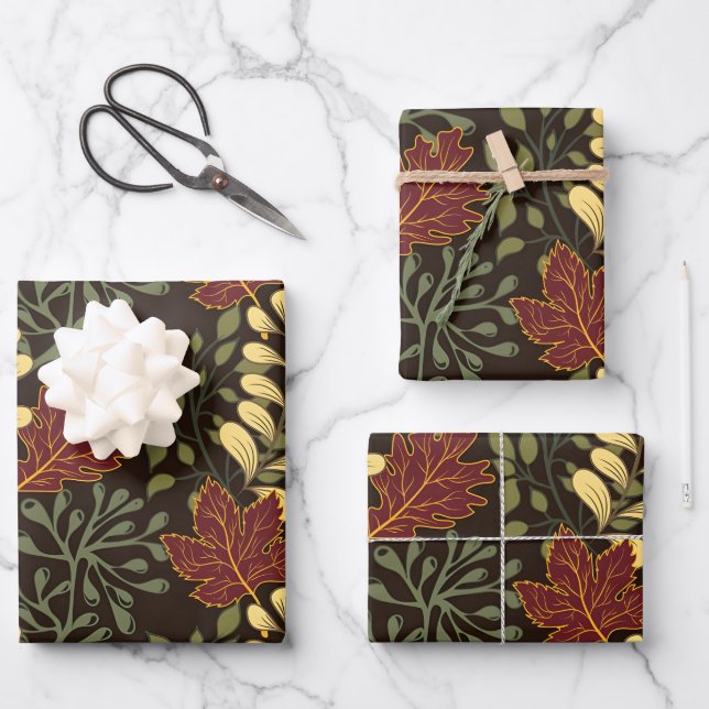 Dark red maple leaves floral pattern wrapping paper sheets (Front)
