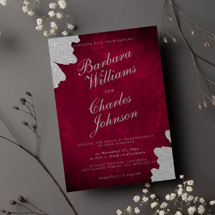 Dark red marble silver glitter brushstroke wedding invitation