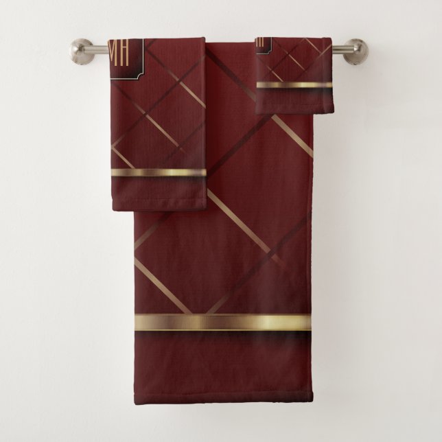 Dark Red Maroon and Geometric Pattern Bath Towel Set (Insitu)