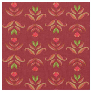   Dark Red Maroon Folk Art Floral Rustic Christmas Fabric
