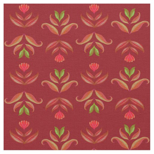   Dark Red Maroon Folk Art Floral Rustic Christmas Fabric