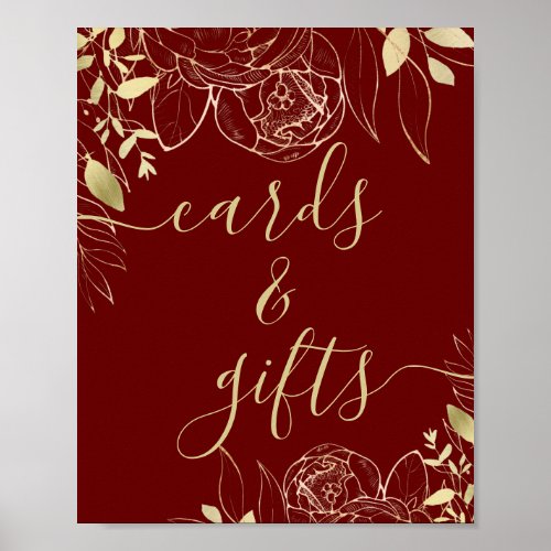 Dark Red Maroon  Gold Modern Floral Cards  Gifts Poster