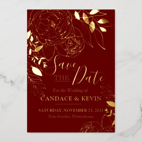 Dark Red Maroon  Gold Modern Floral Save the Date Foil Invitation