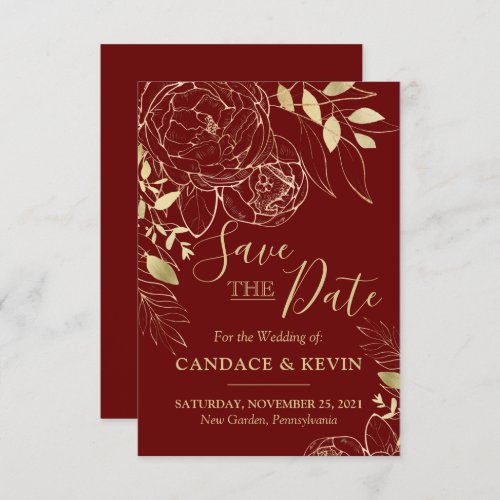 Dark Red Maroon  Gold Peony Modern Floral Wedding Save The Date