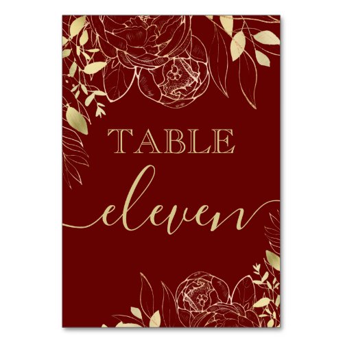 Dark Red Maroon  Gold Peony Modern Floral Wedding Table Number