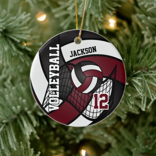 Dark Red Maroon White and Black Volleyball Ceramic Ornament
