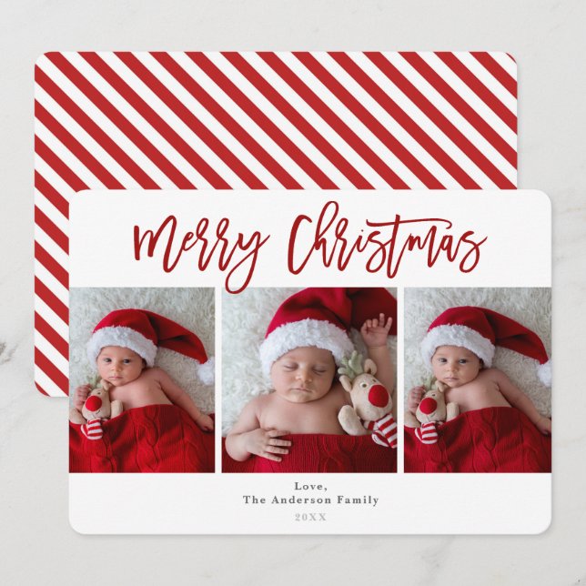 Dark Red Merry Christmas Holiday 3 Photos Photo Invitation (Front/Back)
