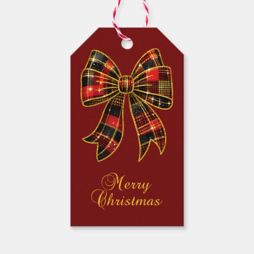Dark Red Merry Christmas Plaid Coquette Bow Gift Tags