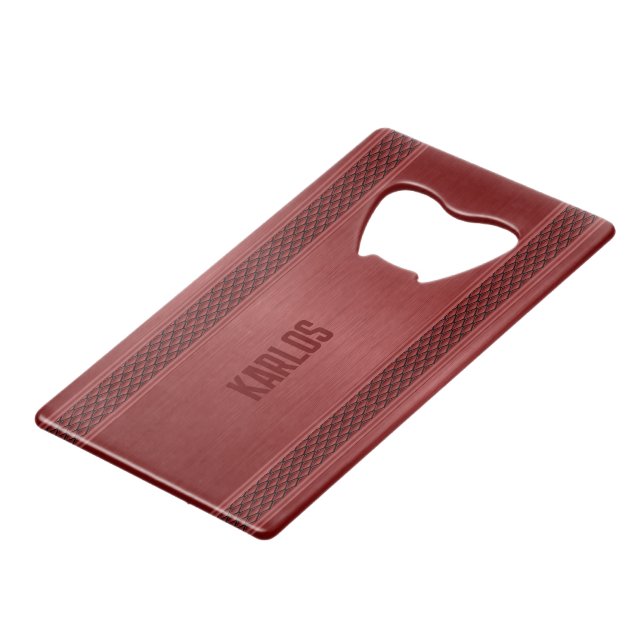 Dark-red Metallic geometric design Credit Card Bottle Opener (Back Angled)