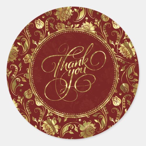 Dark Red  Metallic Gold Floral Damasks Thank You Classic Round Sticker