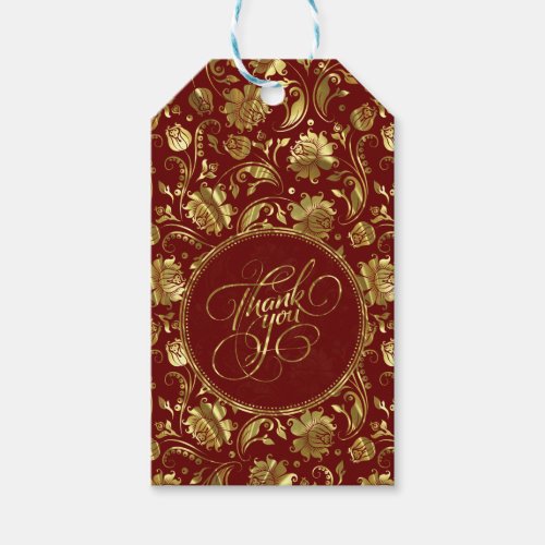 Dark Red  Metallic Gold Floral Damasks Thank You Gift Tags