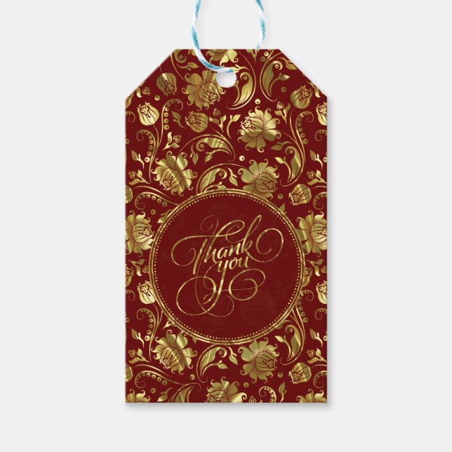 Dark Red & Metallic Gold Floral Damasks Thank You Gift Tags (Front)
